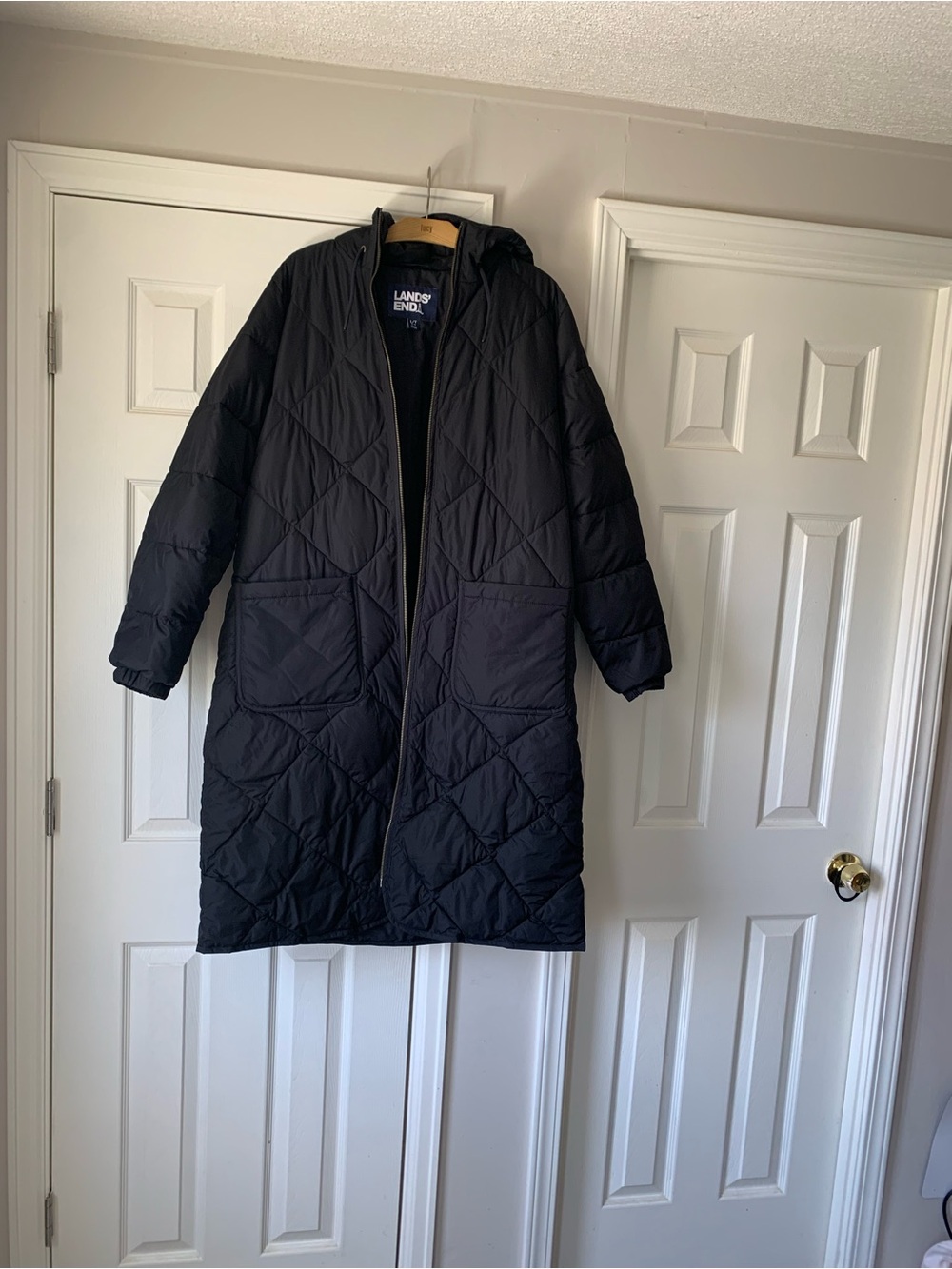 Lands' End Black Diamond-Quilt Long Puffer Coat with Hood